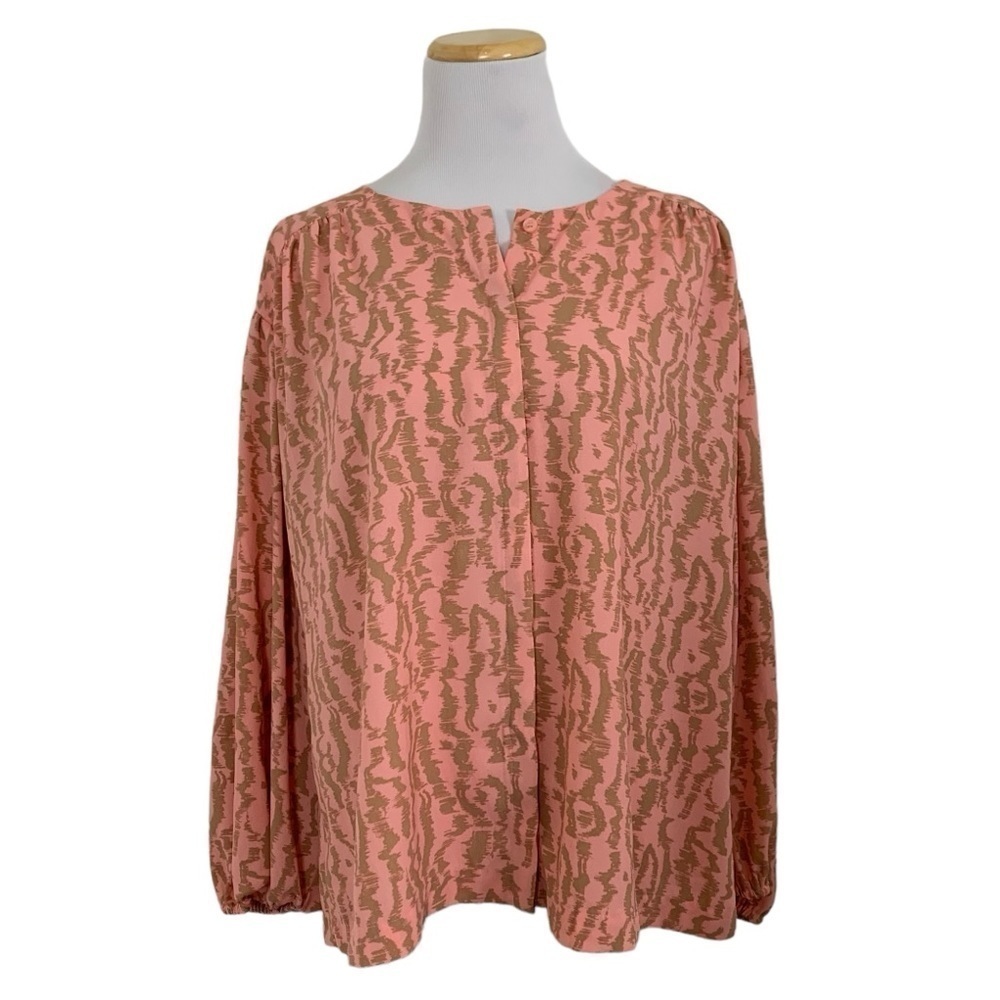 Elizabeth and James Peach Animal Print Blouse Womens XL Button Up Balloon Sleeve